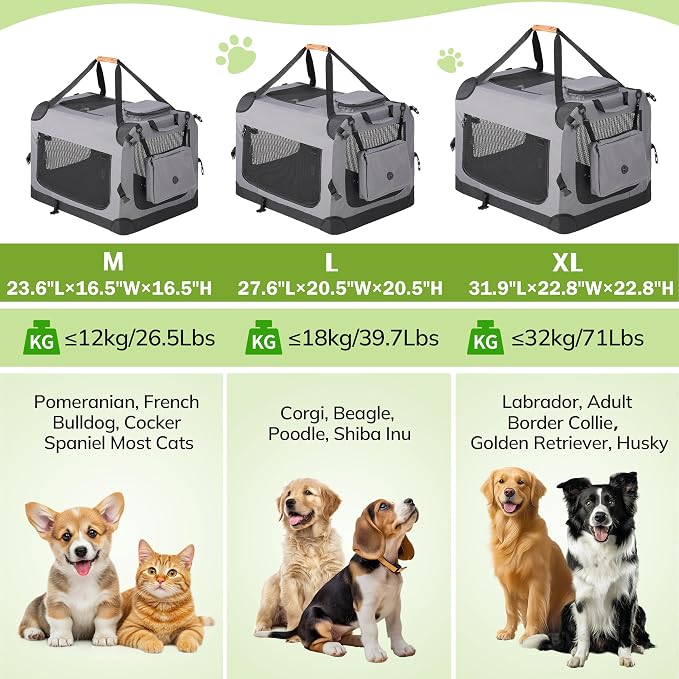 Morpilot 32-inch Portable Collapsible Dog Crate for Dogs up to 70lbs | Travel Dog Crate Soft-Sided for Medium Large Dogs, with Foldable Bowl, Shoulder Strap & Storage Pockets, Grey - Image 6