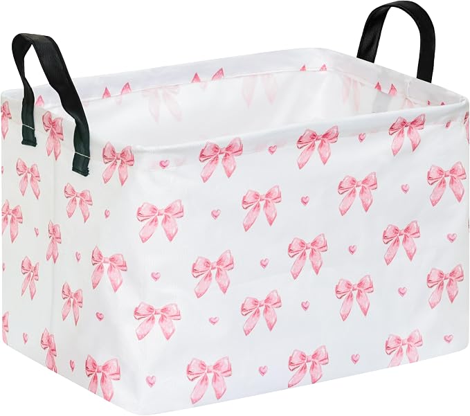 Pink Bow Canvas Storage Basket Waterproof Laundry Hamper with Leather Handles Collapsible Decorative Bin for Girls Bedroom Toys Clothes Gift Giving by Unknown