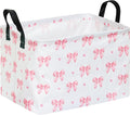 Pink Bow Canvas Storage Basket Waterproof Laundry Hamper with Leather Handles Collapsible Decorative Bin for Girls Bedroom Toys Clothes Gift Giving by Unknown