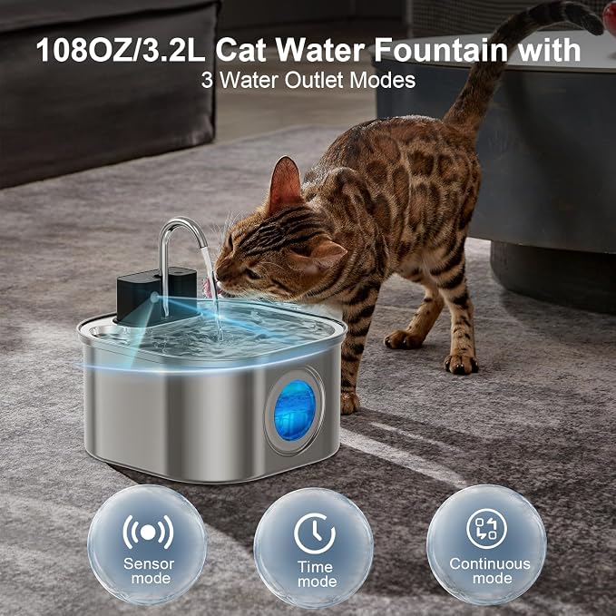 Wireless Cat Water Fountain with 3 Filters + 3 Sponges,[Rechargeable & Faucet ] Stainless Steel Battery Operated,108oz/ 3.2l Automatic Cordless Pet Fountain -Dog Fountain with 4200 Mah Battery - Image 6