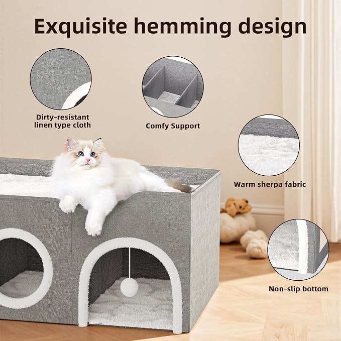 Top Bed Three Rooms Cat Condos,All-in-1 Extra-Wide Cat House for Indoor，Multi Cats Puppy Family, Large Cat Cave for Pet House with Fluffy Ball Hanging and Scratch Pad, Foldable Hideaway - Image 2