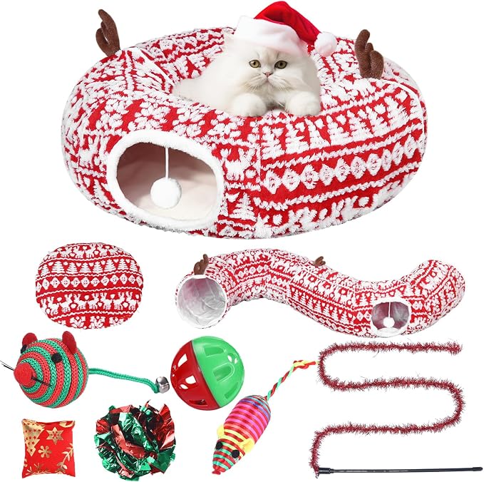 Dansydaisy Cat Tunnel Christmas Tree Skirt, Snowflake Deer Cat Tunnel Bed with Toys, Hanging Ball Plush Washable Cushion and Dangling Balls 3FT Peekaboo Playground for Small Medium Rabbit Xmas Decor by Dansydaisy