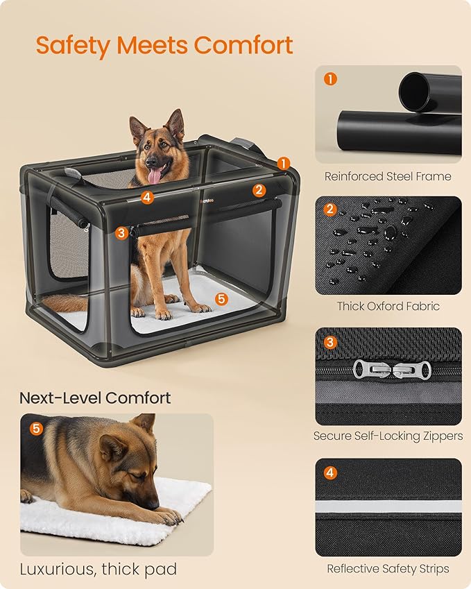 Feandrea Collapsible Dog Crate, Portable Travel Crate, 42-Inch | Oxford Fabric Pet Carrier with 4 Mesh Doors, Handles, Storage Pocket, Water Bottle Holder, UPDC021B01 - Image 5