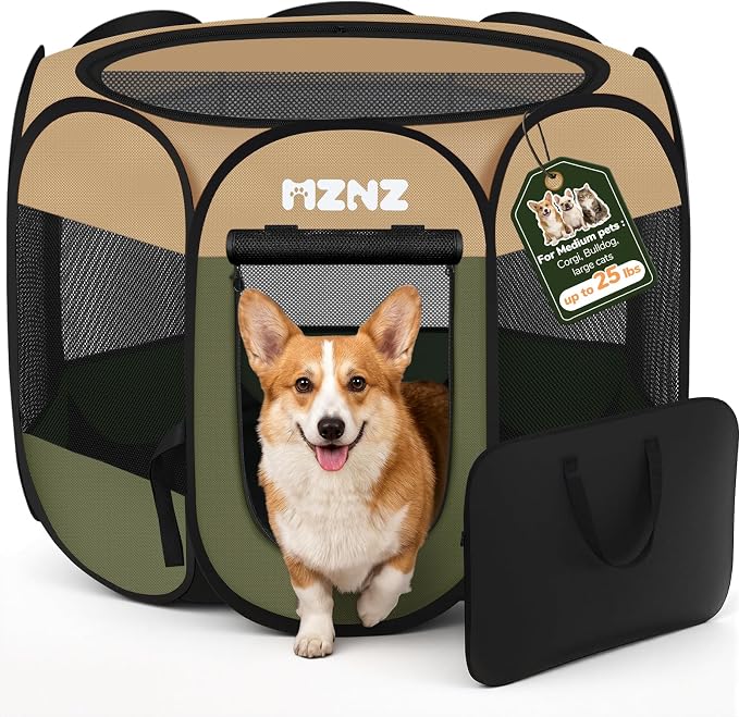 Dog Cat Small Animal Puppy Playpen Crate, Medium, Olive Green | Portable Pop Up Pet Cage Enclosure Tent Kennel Indoor Outdoor with Carrying Case, No Assembly, Camping Use by MZNZ