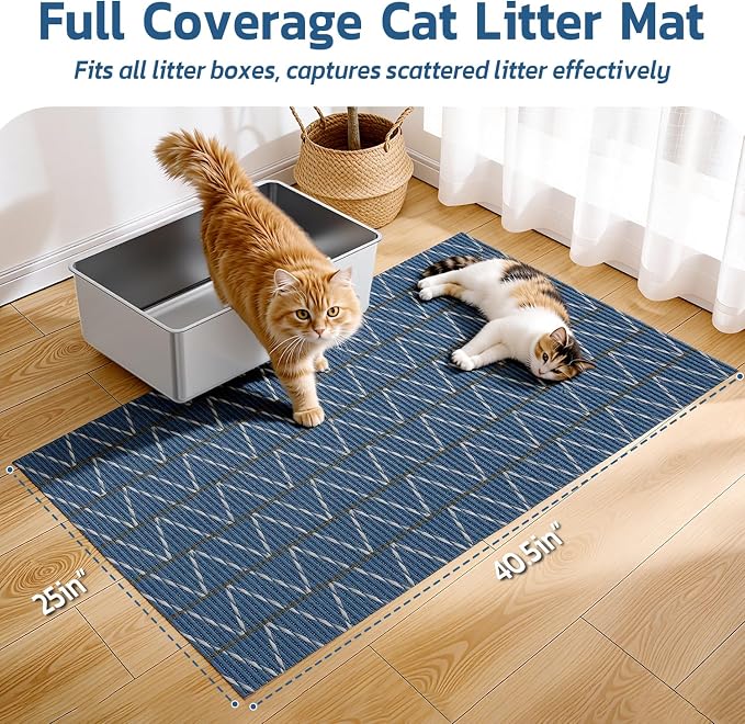 Cat Litter Mat, 40"x25" Jumbo Foam Litter Box Mat | Extra Large Coverage, Soft on Paws, Trimmable Design, BPA-Free Foam, Leak-Proof, Machine Washable, Navy Chevron - Image 2