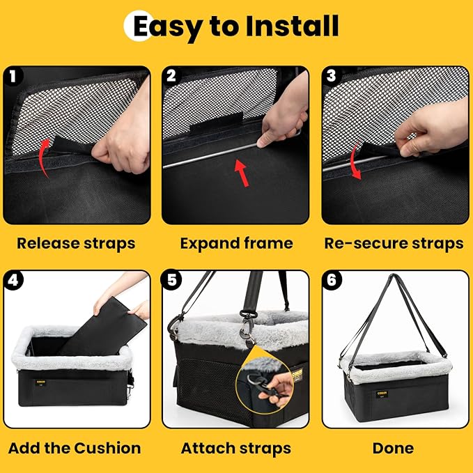 Conlun Dog Car Seat Booster | Steel Frame Anti-Collapse | Small Pet | Black | Heavy-duty Oxford | Rigid Skeleton Stops Wobbling | Leash Prevents Escapes | Elevated Pet Booster for Calm Car Trips - Image 8