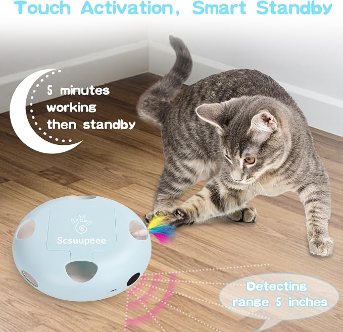Rechargeable Interactive Cat Toy, Blue | Smart Sensor Pop-Up Feather Toy, 7 Holes, USB Powered Automatic, For Indoor Cats - Image 4