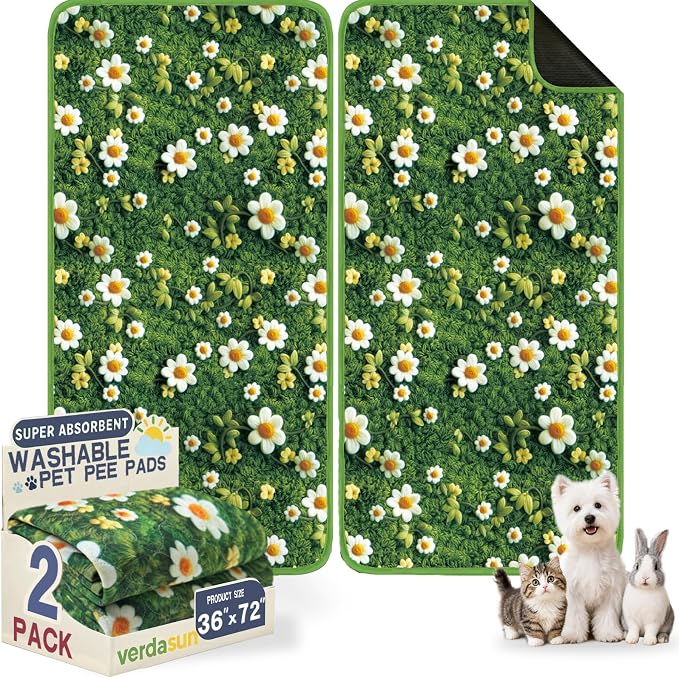 Washable Pee Pads for Dogs, Reusable Puppy Potty Training Pads, Ultra-Absorbent Thick Waterproof Leak-Proof Non-Slip Pads & Mat for Crate, Playpen, Floor, Whelping & Housebreaking , 2 Pack 36"x72" by Verdasun