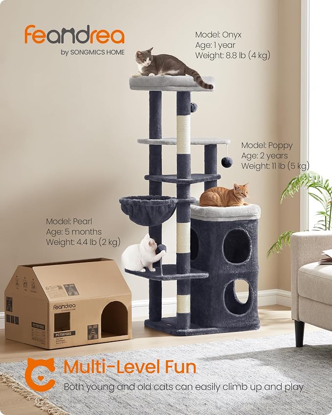 Feandrea Cat Tree Indoor, 60" Multiple-Level Plush Cat Tower, Dark Gray | 2 Caves, 3 Steps, 3 Scratching Posts, 3 Ball Toys, Cat Condo House for Large Adult Cats, UPCT007G02 - Image 2
