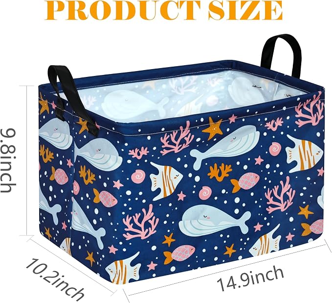 Rectangle Gift Storage Basket Home Shelf Storage Basket Organizer Box Clothes Laundry Hamper Nursery Basket Laundry Basket with Handles (Whale) - Image 2