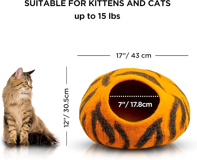 Luxurious Merino Wool Cat Cave - Foldable Hideaway Pod for Indoor Cats - Premium Felt Kitten Pet Enclosure - Covered Cat House for Ultimate Cozy Comfort by Woolygon (Tiger) - Image 2