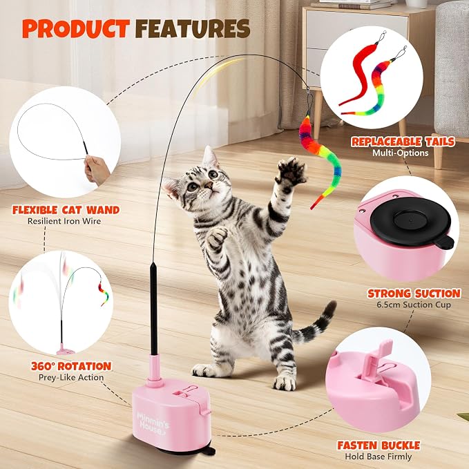Interactive Cat Toys For Indoor Cats, 360° Flying Automatic Cat Toy, Pink | Rechargeable, Strong Suction Base, Self-Play & Handheld, Electric Spin Game Enrichment Toy, Long Kitty Wand for Bored Cats - Image 6