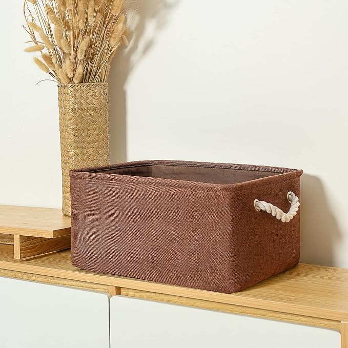 TheWarmHome Decorative Basket Rectangular Fabric Storage Bin Organizer Basket with Handles for Clothes Storage (Brown, Large-1Pack,15L*10.5W*8H) - Image 3