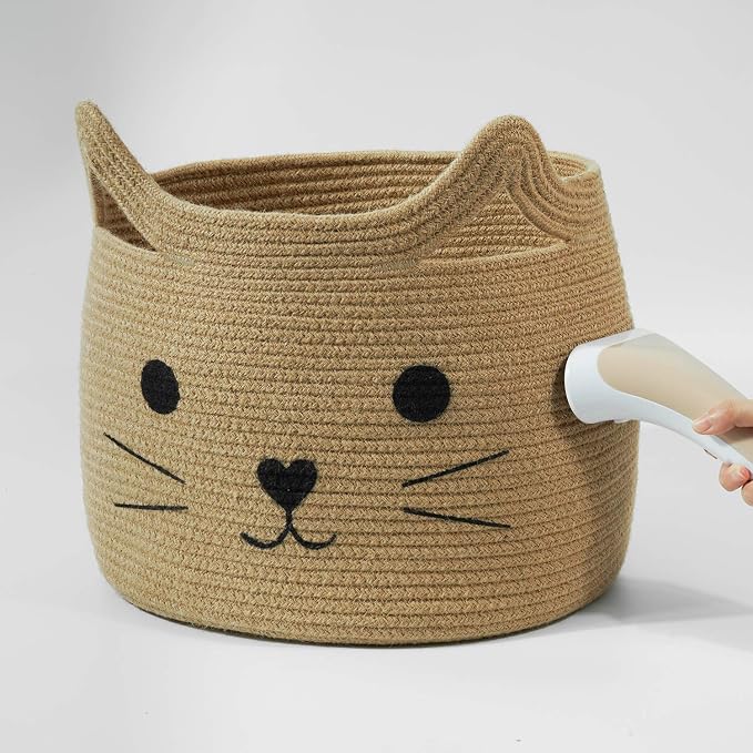 Large Woven Rope Cat Toy Basket with Cat Face Design, Jute | 15.7" x 11.8" Toy Bin & Box for Living Room Nursery, Baby Storage Basket for Towels, Blankets, with Sturdy Handles - Image 8