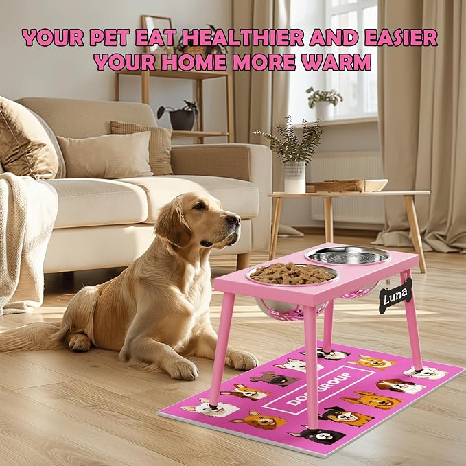 Adjustable Elevated Dog Bowl Stand with Slow Feeder, 2 x 58oz Stainless Steel Bowls, Raised Food and Water Holder for Medium and Large Dogs, Pink - Image 6