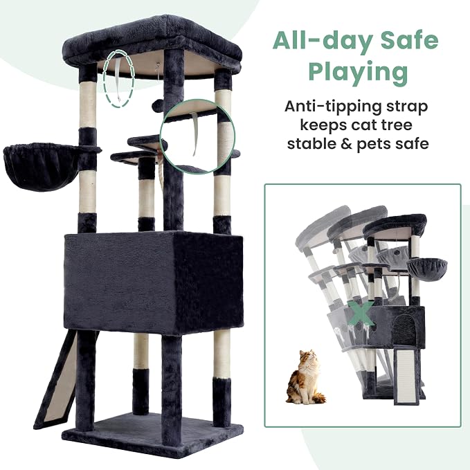 Cat Tree, 61 Inch Tall Cat Tower, Diamond-Shaped Cat Cave VCT001G | Cat Condo with Wide Top Perch & Basket, Sturdy Scratching Post, Interactive Toy for Large Indoor Cats, Smoky Gray - Image 7