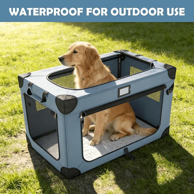 42 Inch Foldable Dog Travel Crate Blue with Sturdy Metal Frame | Chew-Proof Mesh Window,Soft Blanket and Foldable Bowl,Waterproof and Easy to Clean,Portable for Camping,Signature card - Image 9