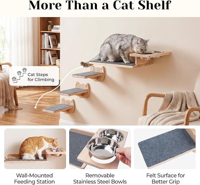PatiencET Wall Mounted Shelves Cat Feeding Station with 3 Steps and 2 Bowls | Elevated feeding zone helps separate meals in homes with cats and dogs or multiple cats, plus a perch for climbing and rest. - Image 5