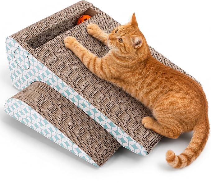 Cardboard Cat Scratcher Ramp with Ball, 2 Sizes Cat Scratch Pads | Nesting Triangle Design, with 17"x11" and 11"x11" Corrugated Scratchers, for Space-saving Natural Scratching, with Catnip by PrimePets