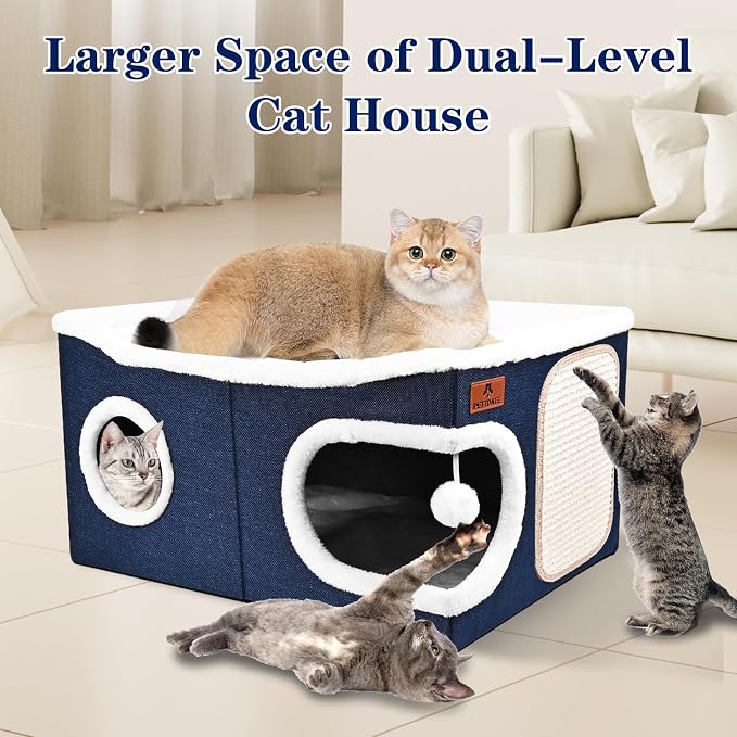 Extra Large Cat Beds for Indoor Cats, Covered Cat Cave Beds & Furniture with Scratch Pad and Fluffy Ball, Foldable Cat Condo Hideaway with Reversible Cushion for Multi Small Pet Large Kittens, Blue - Image 4