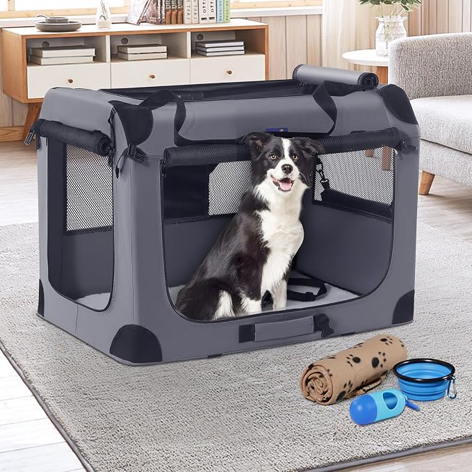 Petprsco Portable Dog Crates for Medium Dogs, 32"x23"x23" Travel Dog Crate | Collapsible Dog Crate with Plush Mat, Soft Blanket & Foldable Bowl, Strong Fabric, 4-Sided Vents, 3 Doors, Indoor/Outdoor Use - Image 5