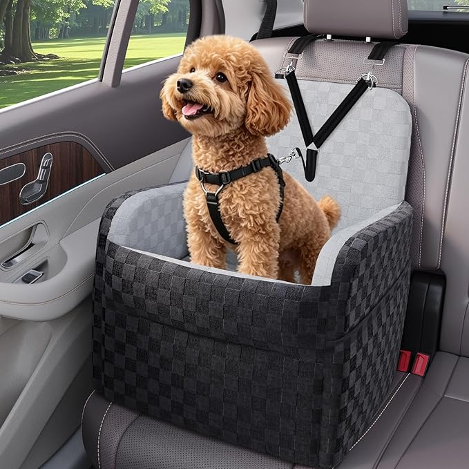 Waterproof Dog Booster Car Seat for Small Medium Dogs up to 26 lbs | 6-Inch Elevated Memory Foam CarSeat, Detachable Washable Cover, Y-Shape Safety Belt, Storage Pockets, Fits in Front/Back Seat by SMATTO