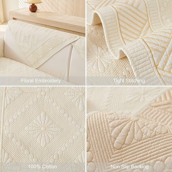 vctops Boho Cotton Quilted Sofa Couch Cover Washable Soft Non Slip Sectional Couch Covers Floral Embroidery Sofa Slipcover for Dogs, Children, Pets Furniture Protector (Cream,28"x70") - Image 7