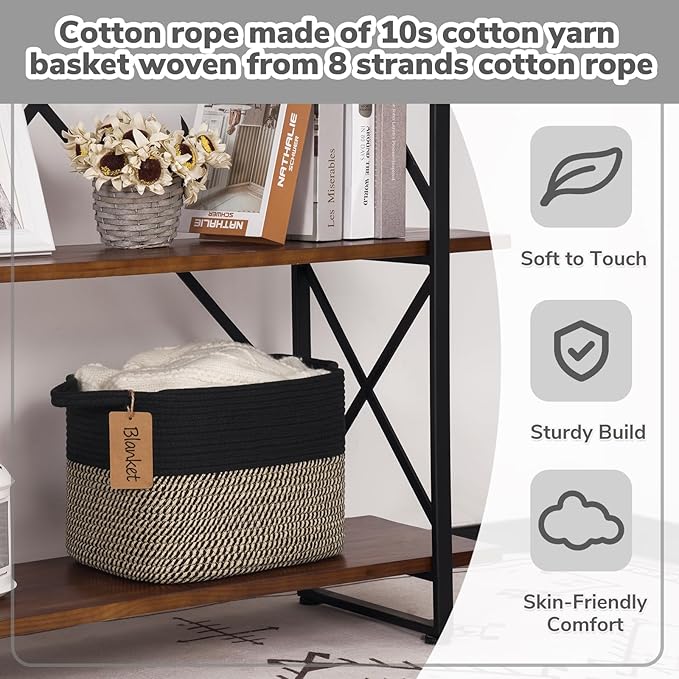 Goodpick Woven Storage Basket for Shelves, Rectangle, Black & Jute | 13" × 10" × 9" Stylish Gift Basket for Home Decor, Wicker Baskets for Shoes, Toys & Books Storage, Reinforced Handles - Image 5