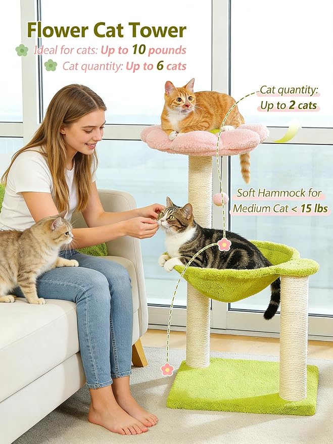 Flower Cat Tree, 28" Cat Tower with Cozy Flower Perch, Large Hammock for Indoor Small Cats, Cute Cat Tree with Sisal Scratching Post and Fur Toy Ball for Kittens, Pink | Plush flower perch, Metal frame hammock, Sisal post, Fluffy toy ball, Thickened st... - Image 3