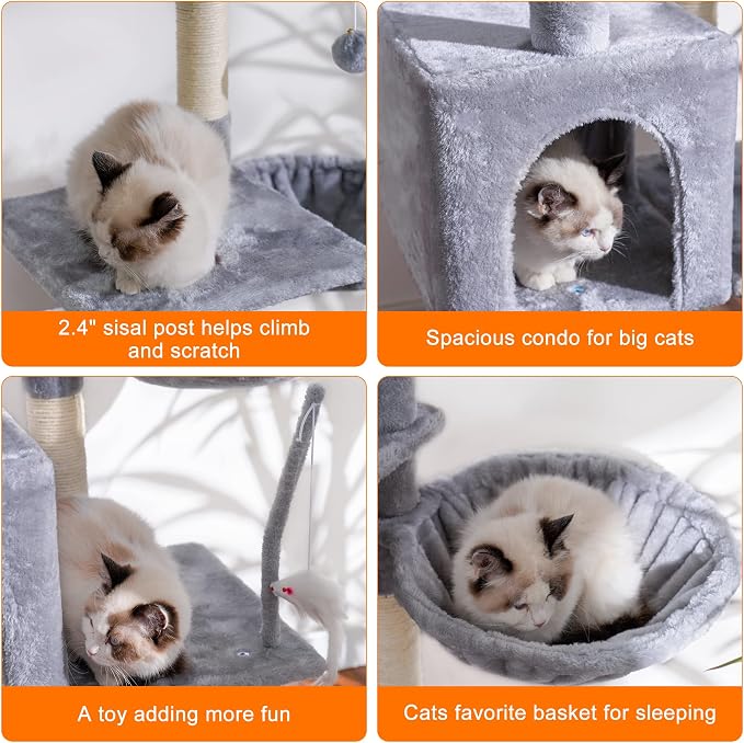 Heybly Cat Tree with Toy, 43.3 inch Cat Tower for Indoor Cats HCT004W | Cat Condo with Durable Sisal Scratching Posts, Cat House with Padded Plush Perch, Cozy Hammock, Light Gray - Image 5