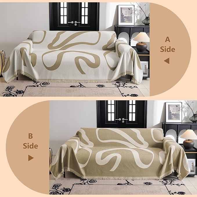 MYSKY HOME Couch Cover for 3 Cushion Sofa, Super Soft Boho Couch Covers for Dogs Washable, Jacquard Slipcover Furniture Protector for Living Room, 91" x 134", Khaki Curve - Image 3