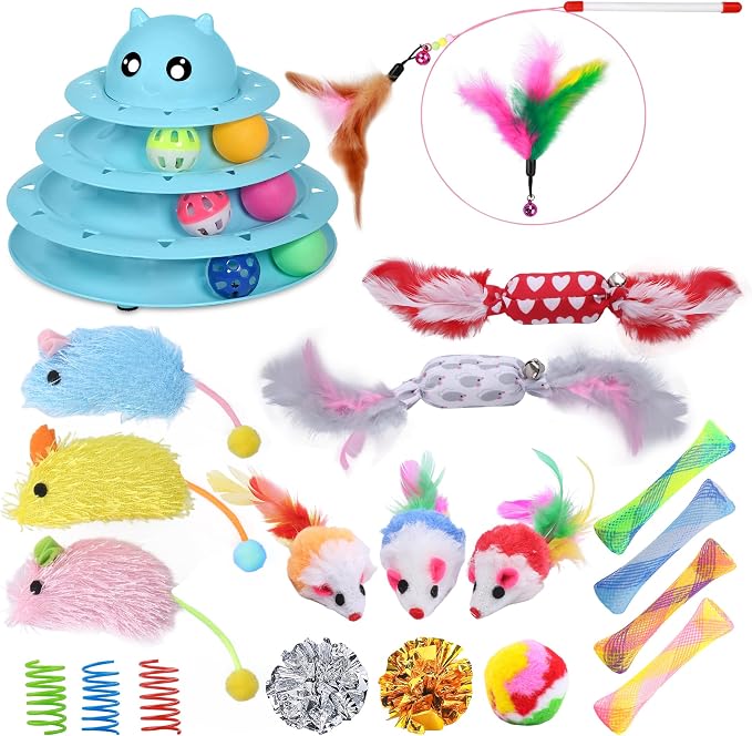 UPSKY 24 PCS Cat Toys Set with Teaser, Mice, Spring, and Various Ball Toys | Puzzle Kitten Toys, Sturdy Structure, Detachable Design, Easy to Assemble, Anti-Slip, Reduces Boredom for Indoor Cats by UPSKY