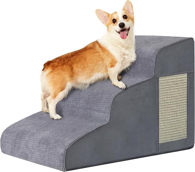 Dog Stairs for Small Dogs 15.7" H, Dog Ramp for Bed, 3-Step, Grey | Dog Steps for Bed, Couch, Pet Stairs with Non-Slip Bottom Design, Cat Scratching,High Density Foam Portable Pet Steps, Indoor by Ahpmeoa