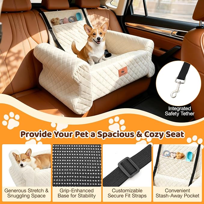 Dog Car Seat for Medium/Large Dogs up to 60LBS Memory Foam Dog Booster Seat | with Thick Cushion, Pet Car Seat for Back with Detachable Washable Cover, Storage Pockets for SUV, Pick Up, Trunk, White - Image 3