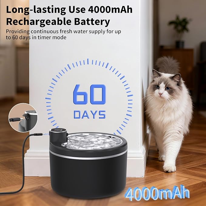 Cat Water Fountain Cordless, 108oz/3L Pet Fountains for Cats Indoor with Stainless Steel Tray, Battery Operated Cat Drinking Fountain with Motion Sens - Image 3