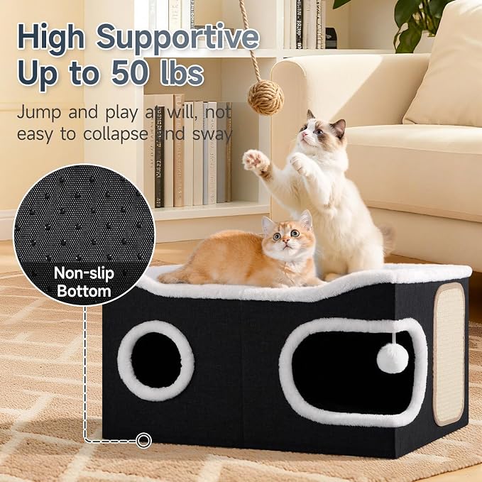 Shikha Extra Large Cat House Bed for Multi Cats with Scratch Pad Black | 24 x 17.7 x 12.6 IN Widen Cat Cave Cube for Multi Pets, Foldable, Arc-Edge Design, Oval Door, All Seasons Reversible Cushion - Image 4