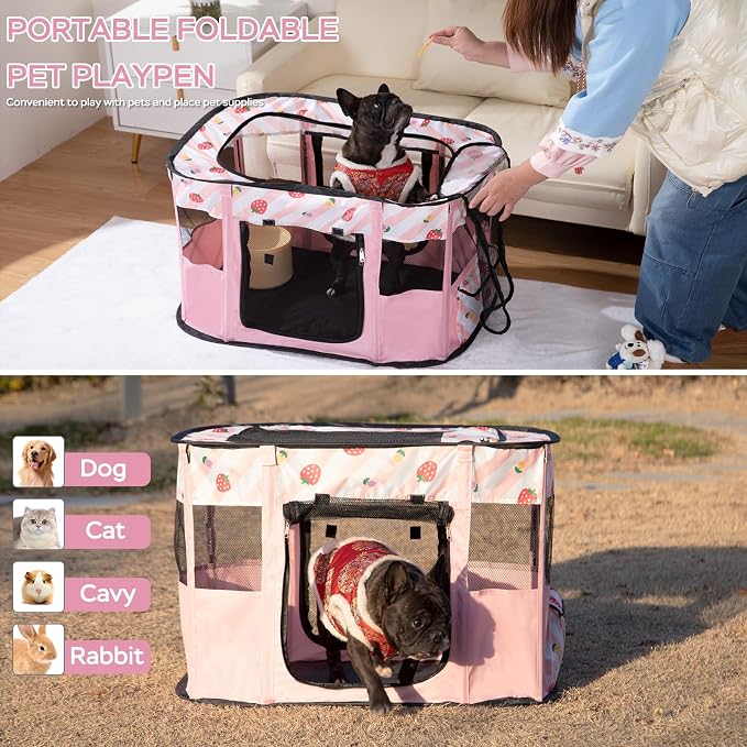 Dog and CAT pop Play Pen,Pets Houses for Dogs and Cats,Indoor&Outdoor Exercise Pen Dog Tent Puppy Playground Large (L, Pink) | Portable Dog Kennel with Upgrade Breathable Mesh，Sturdy Kitten Playpen Indoor & Outdoor for Rabbit or Small Animals，Pink - Image 3