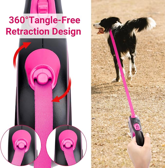 Segarty Pink Retractable Dog Leash, 16ft Heavy Duty Walking Dog Leash for Medium Small Dogs up to 44lb, Anti-Slip Handle 360°Tangle-Free Nylon Tape, One-Handed One Button Lock and Release - Image 4