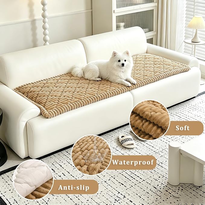 100% Waterproof Fuzzy Couch Cover for Dogs, Washable Non-Slip Pet Couch Covers for Sofa, Soft Thick Furniture Protector Sofa Slipcover Mat for Dogs (Brown, 27.5" x 59") - Image 3