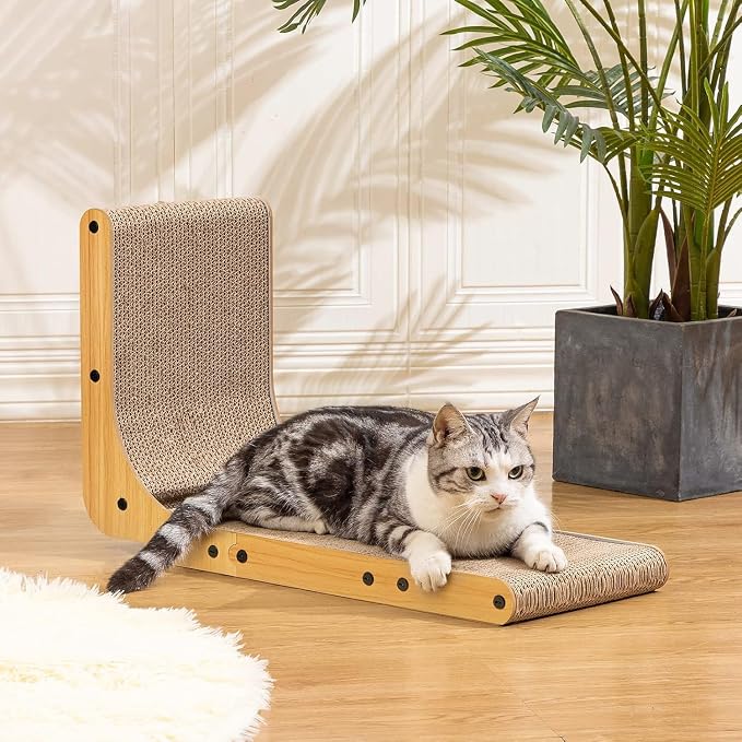 Poils bebe L Shape Cat Scratcher, 26.8 Inch Cat Scratchers for Indoor Cats | Protecting Furniture Cat Scratch Pad, Cardboard Cat Scratching with Ball Toy, Catnip, Large - Image 2