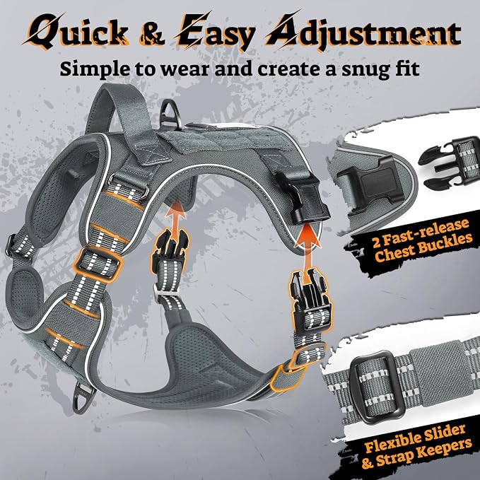 rabbitgoo Tactical Dog Harness for Small Dogs, No Pull Service Pet Vest | Military Molle System & Easy Control Handle, Adjustable and Reflective for Walking and Training, Grey, Small - Image 4