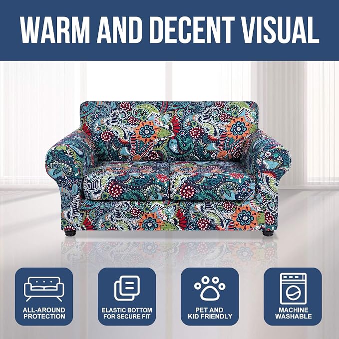 hyha Stretch Couch Cover, Sofa Covers for 2 Separate Cushion Couch Washable | Loveseat Cover, Floral Pattern, Printed, 3 Pieces, 2 Seater Furniture Protector with Elastic Bottom for Dogs, Pet Friendly - Image 8