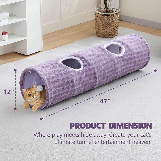 Straight Bubble Cat Tunnel for Indoor Cats 47"x12", Dusty Purple | Cute Cat Toys, Collapsible Tunnel Tube with Hanging Balls for Puppy Kitten Rabbit - Image 4