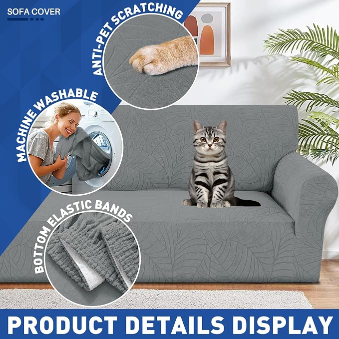 YEMYHOM Couch Cover Latest Jacquard Design High Stretch Extra Large Sofa Covers Pet Dog Cat Proof Oversized Slipcover Non Slip Magic Elastic Furniture Protector (X-Large, Begonia Leaf Dark Gray) - Image 4