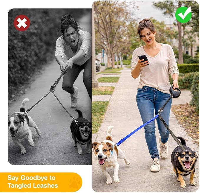 Double Dog Leash for Two Dogs, Professional No Tangle 360° Swivel Coupler with Shock Absorbing Bungee, Adjustable Length Dual-Sided Reflective Two Dogs Lead Splitter for Small Medium Large Dog - Image 4