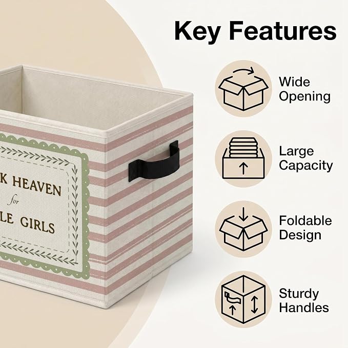 Girls Room Storage Bins Box, Heartfelt Saying Collapsible Organizer Basket | sweet soft cottage storage box basket for books clothes, pink striped organizer for nursery bedroom playroom, 10x14 in - Image 4