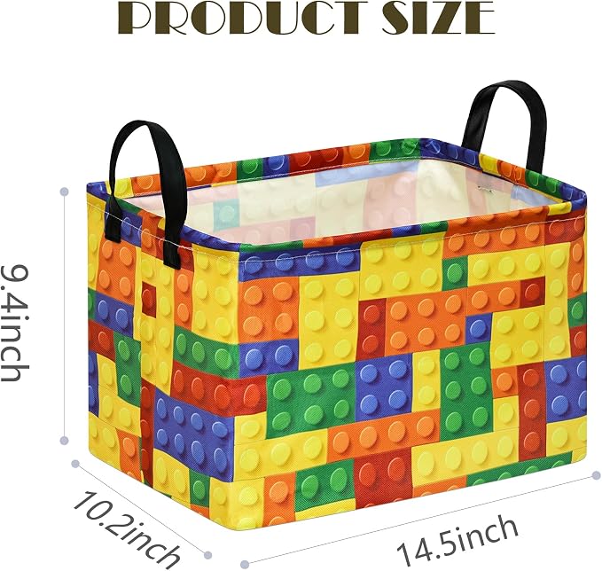Colorful Building Blocks Print Storage Basket, Waterproof Lining Organizer Bins, Leather Handles, Collapsible for Kids Toys, Clothes, Laundry, Gift Basket - Image 2