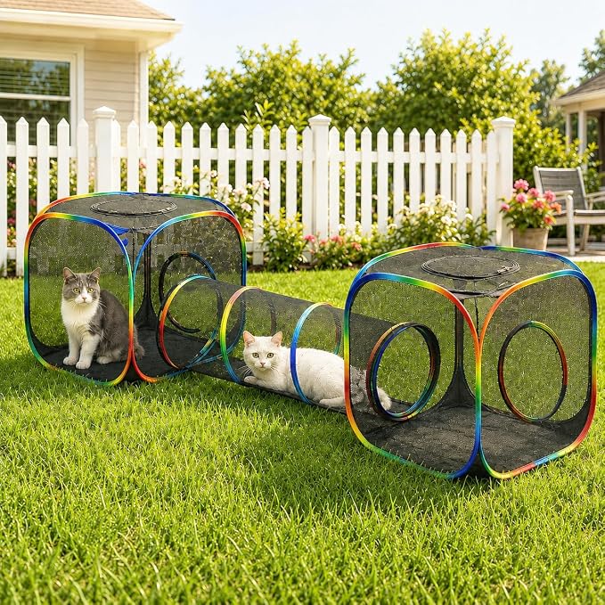 Outdoor Rainbow Cat Enclosures Playground,Outside House for Indoor Cats Include Portable Tent, 2 Way with 2 Cube Tunnel, for Kitty and Small Animals,Within Storage Bag by MAKEPETLUCKY-WelcometoCatTunnelClub