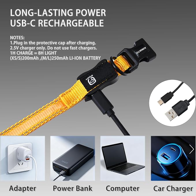 USB Rechargeable LED Dog Collar, Waterproof, Adjustable, Glowing, for Medium Dogs, Night Walking, Camping, Jogging, Yellow, M (Neck 15-24", Width 1") - Image 5