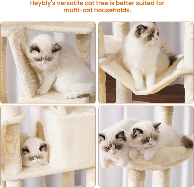 Heybly Cat Tree, 68 inch Multi-Level Cat Tower for Indoor Cats HCT025M | Cat Condo with 2 Widened Plush Perches, 2 Cozy Baskets, Scratching Board and Big Caves, Beige - Image 7